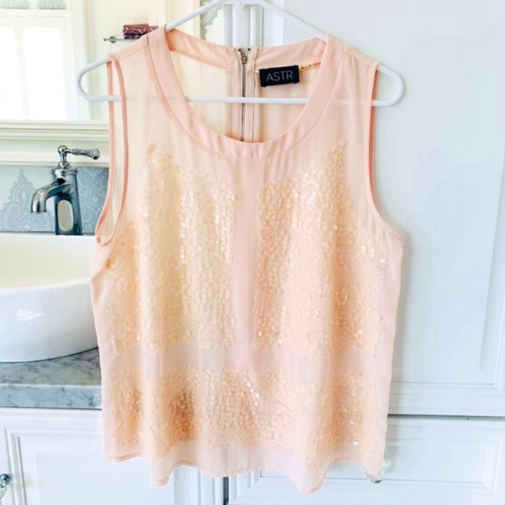 ASTR Pale Pink Semi Sheer Sequin Top Sz L